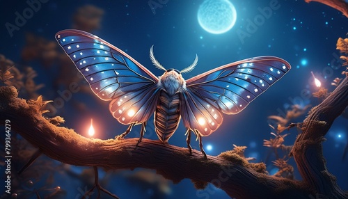A large, fantastical moth with luminescent wings perched on a branch during twilight © Jay Kat.
