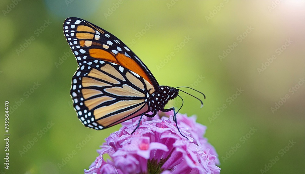Close-up of a monarch butterfly perching on a vibrant purple flower, with a softly blurred Close-up of a monarch butterfly perching on a vibrant purple flower, with a softly blurred