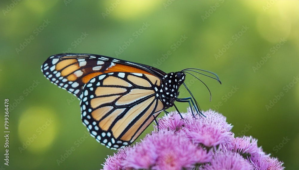 Close-up of a monarch butterfly perching on a vibrant purple flower, with a softly blurred Close-up of a monarch butterfly perching on a vibrant purple flower, with a softly blurred