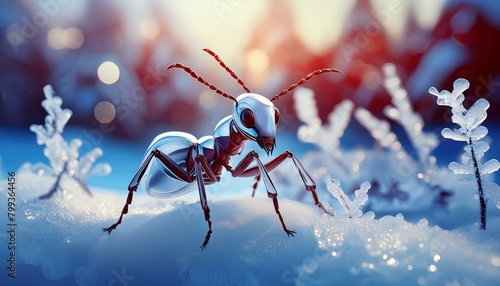  An ice-coated ant moving through a snowy landscape, with a frostily blurred background photo