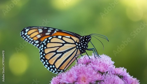  Close-up of a monarch butterfly perching on a vibrant purple flower  with a softly blurred 