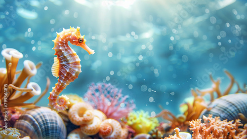 Seahorse floating underwater on a foreground. Shells and bright corals at the bottom of the ocean on a background.