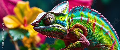 Vibrant Chameleon Merging with Colorful Flower Petals, Generative AI © Brianna