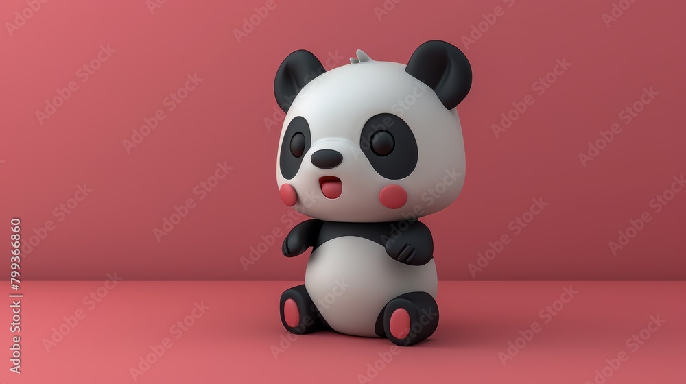 A black-and-white panda sits atop a pink backdrop The background consists of a red and pink wall A black-and-white panda sits atop a pink backdrop The background consists of a red and pink wall