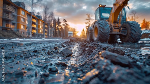 A large construction vehicle is parked on a muddy road photo