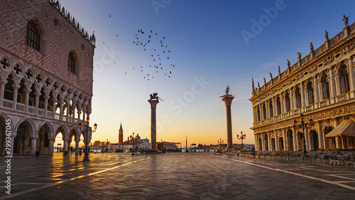 View to the Piazza San Marco, Grand Canal on a sunny day in Venice, Italy. St. Mark's Square.