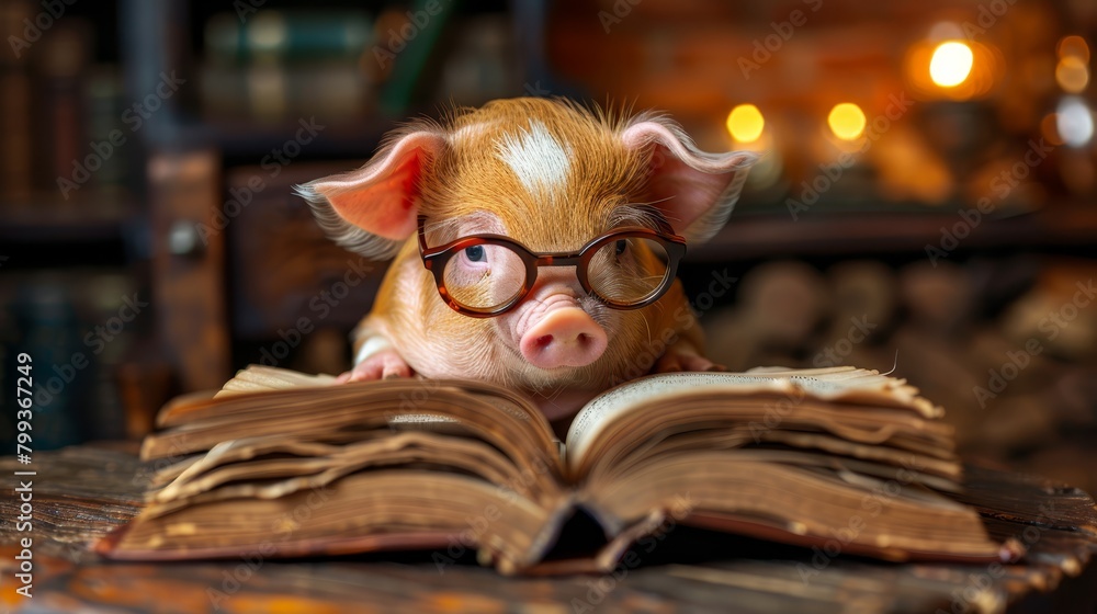 A pig in glasses, seated before a table, studies a book Behind it, a fireplace adds warmth to the scene A pig in glasses, seated before a table, studies a book Behind it, a fireplace adds warmth to the scene