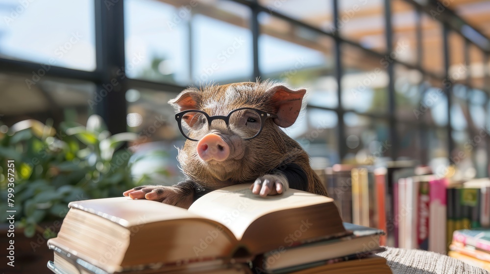 A small pig atop a table, beside piles of books A small pig atop a table, beside piles of books