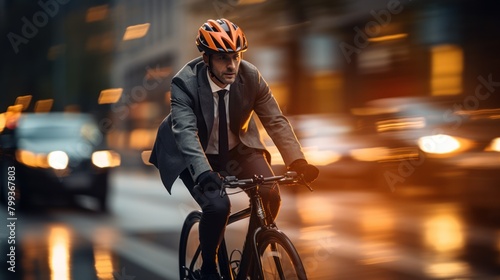 businessman in suit and helmet riding bicycle in city cycling to work © inthasone