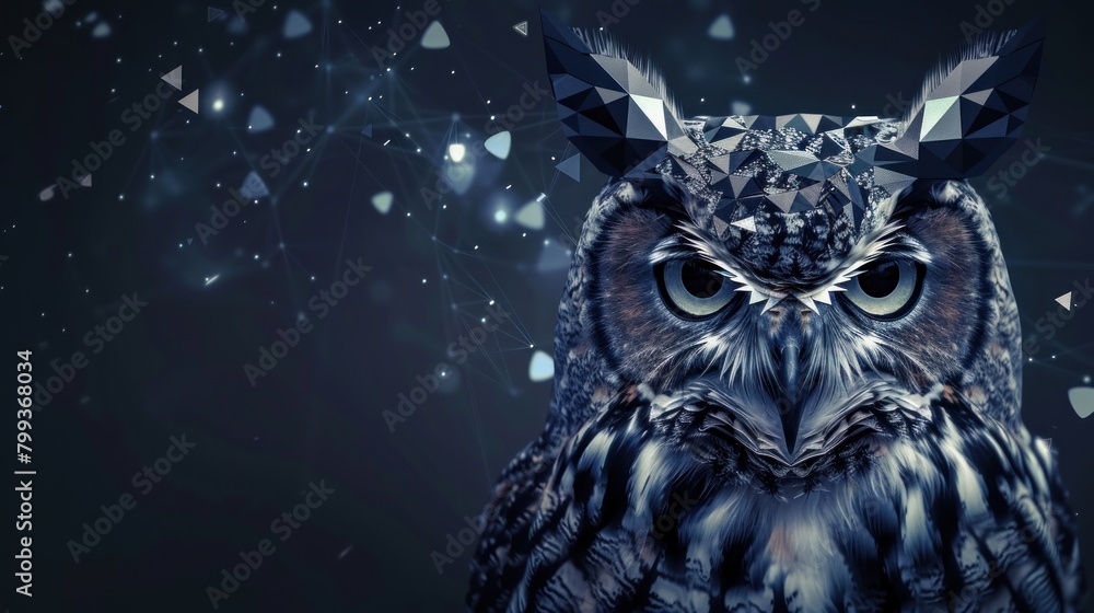 owl from geometric shapes. Mosaic of triangles in the form of an owl's head on a background of stars AI generated owl from geometric shapes. Mosaic of triangles in the form of an owl's head on a background of stars AI generated