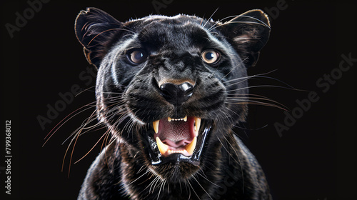 Portrait of a black panther with open mouth on black background. AI. photo