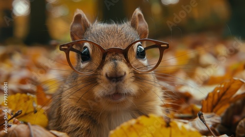   A tight shot of a squirrel wearing glasses  leaves mounded behind