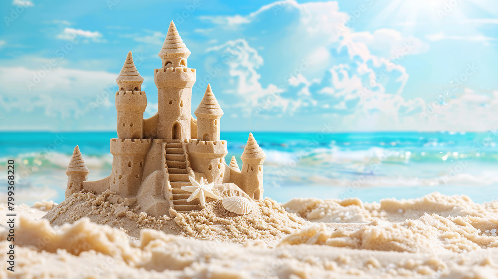 Sand castle on the beach. Summer vacation concept. Copy space. AI. Sand castle on the beach. Summer vacation concept. Copy space. AI.