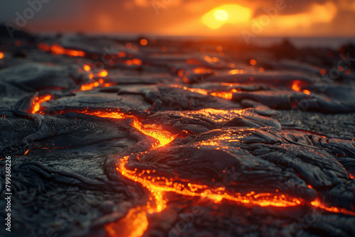 Intense fiery lava flow with sunset on horizon, creating apocalyptic landscape