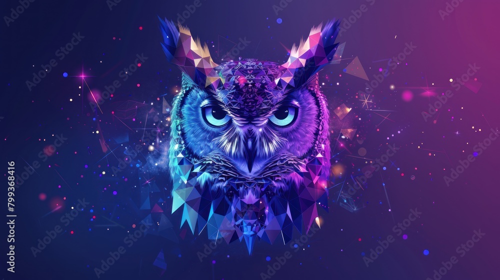 owl from geometric shapes. Mosaic of triangles in the form of an owl's head on a background of stars AI generated
