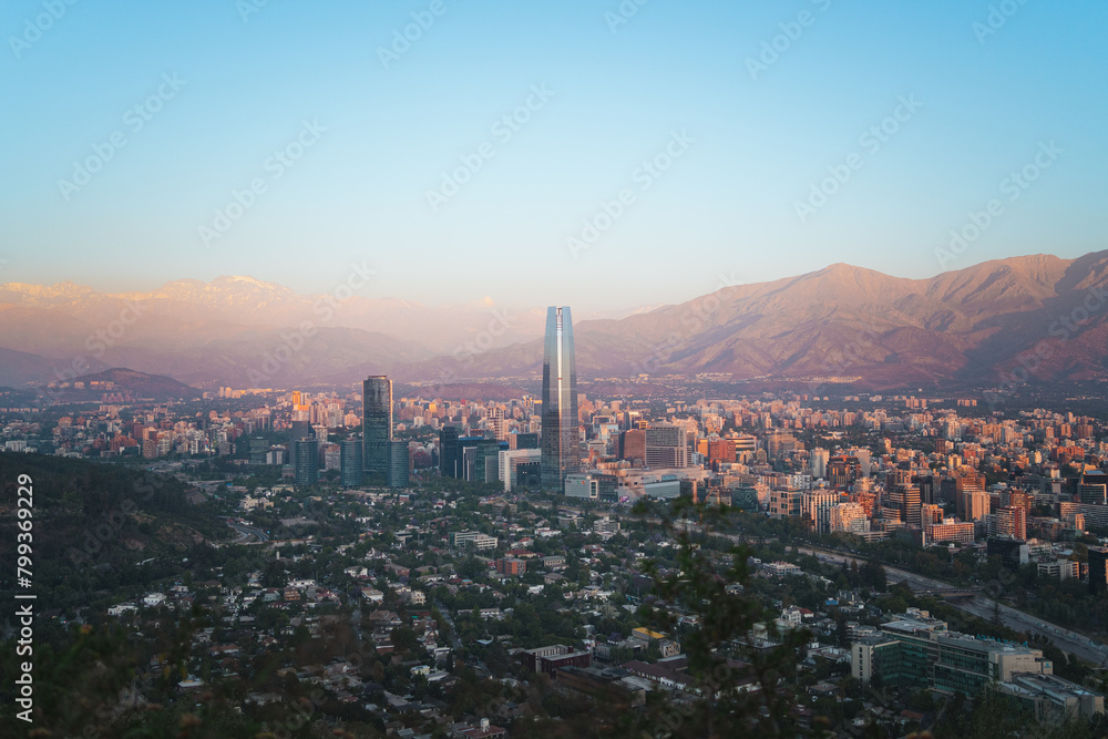 Panoramic view of Santiago de Chile skyline. Costanera Center skyscraper. Andes on the background