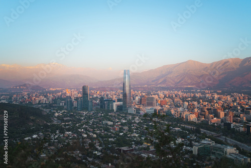 Panoramic view of Santiago de Chile skyline. Costanera Center skyscraper. Andes on the background