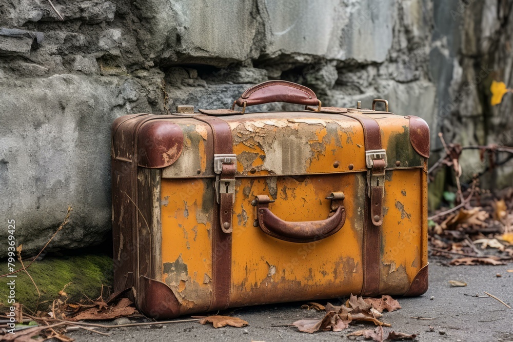 weathered suitcase sits on sidewalk next to stone building