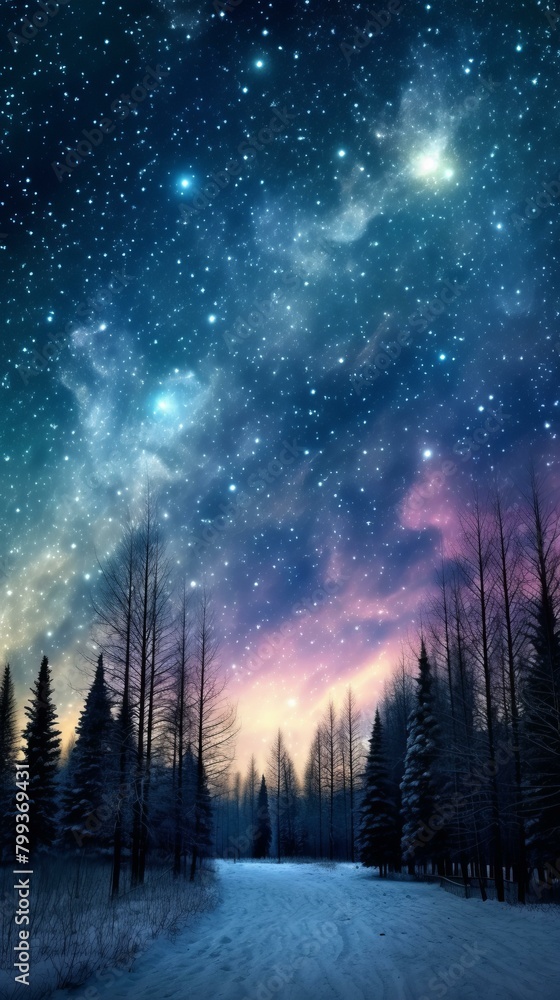 starry night sky over snow covered trees