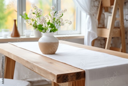 A ceramic vase of white flowers sits on a wood table with a white runner