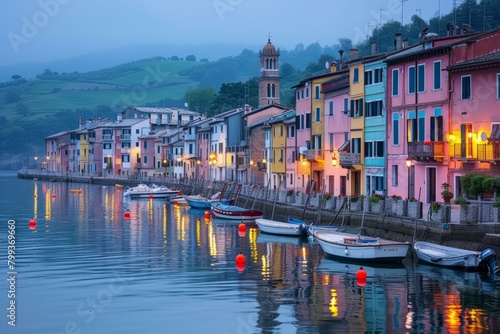 Colorful houses and boats in a canal in Italy photo