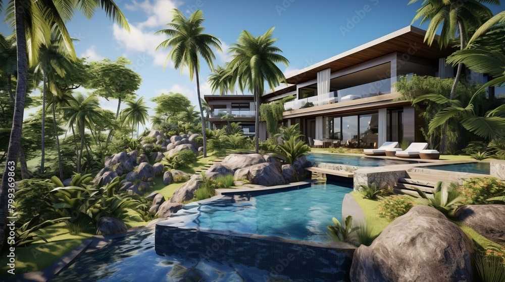 A stunning modern villa with a pool and tropical garden