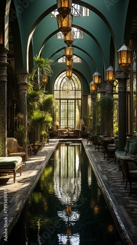 Indoor reflecting pool with Moroccan style architecture