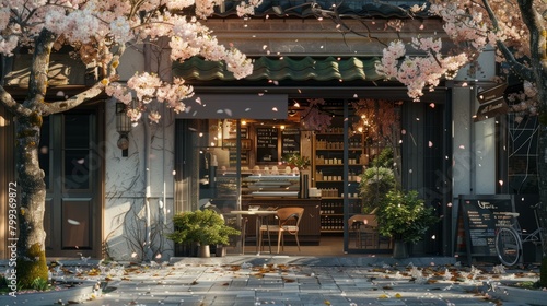 A beautiful Japanese-style cafe with cherry blossoms