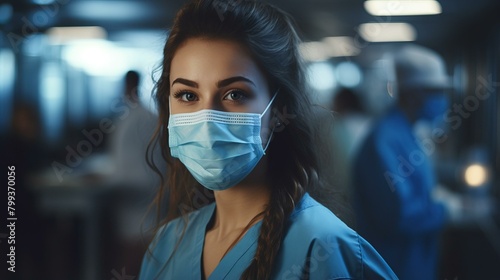 A young female nurse wearing a surgical mask in a hospital setting