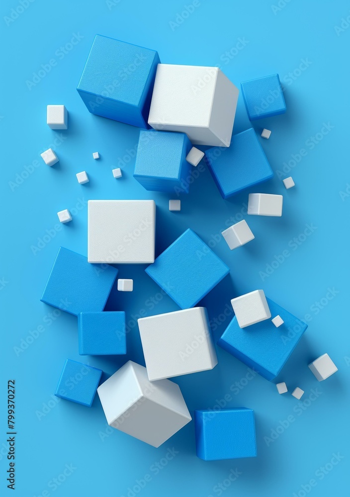 Blue and white 3D cubes scattered on a blue background