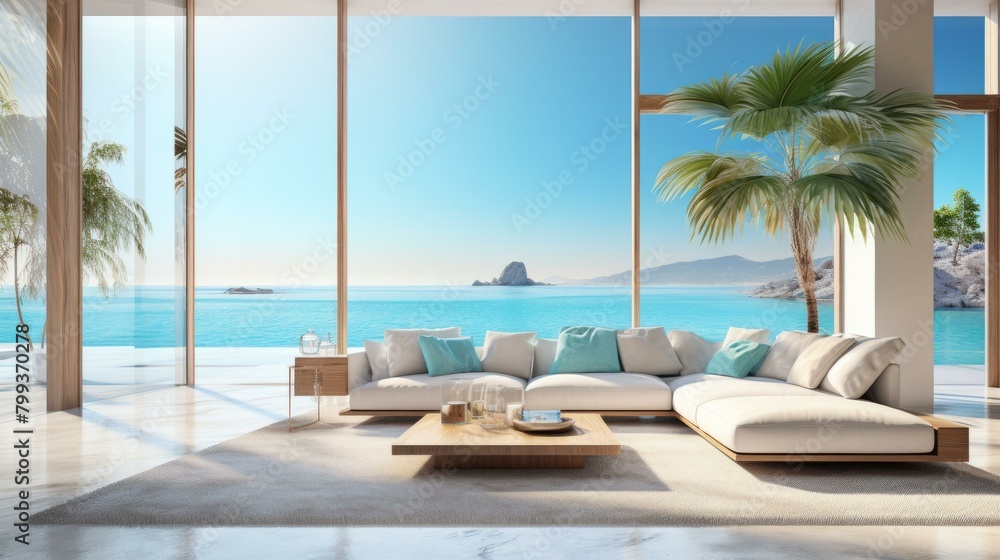 Modern beach house living room with large glass windows and ocean view
