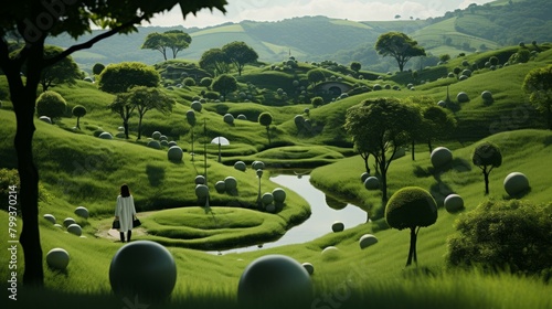 A woman walking in a surreal green landscape with giant topiary balls