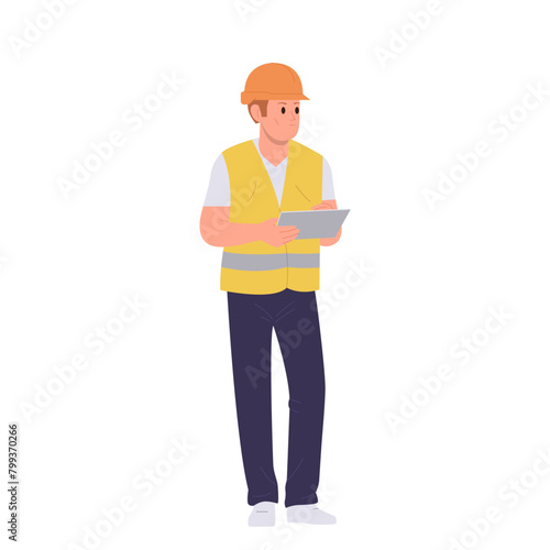 Operator of manufacturing conveyor belt, industrial engineer, factory worker cartoon character