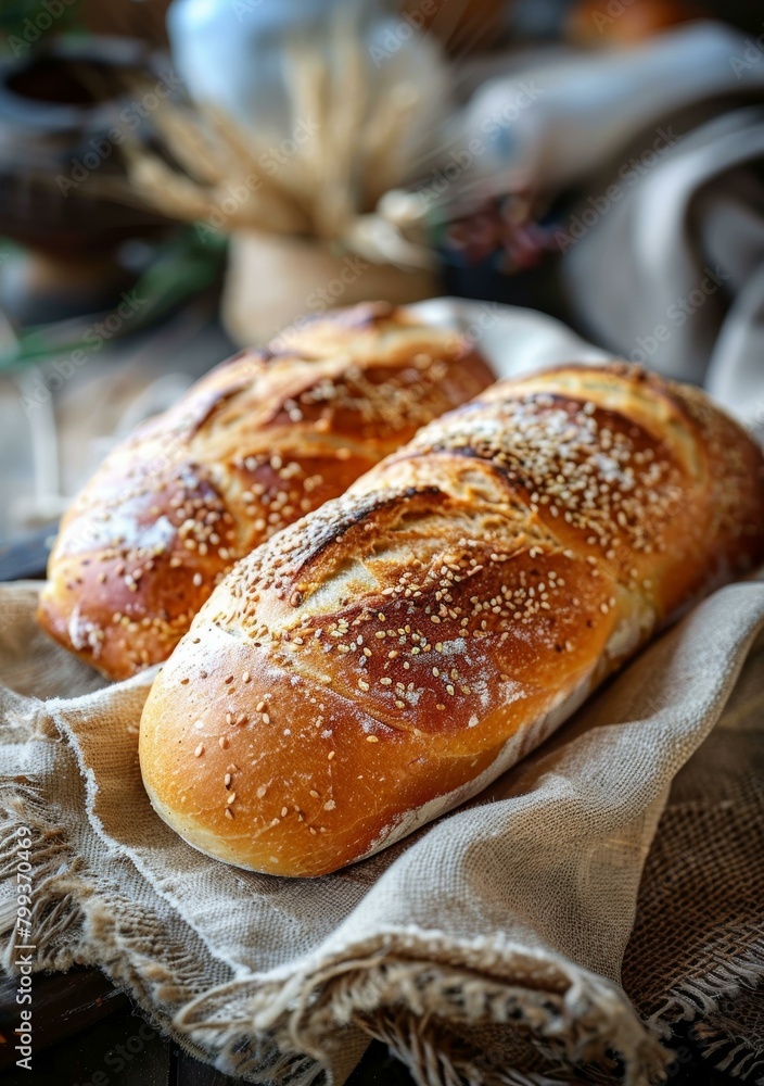 Loaf of bread sprinkled with sesame seeds