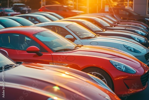 A row of luxury cars parked in a parking lot with the sun rising in the background