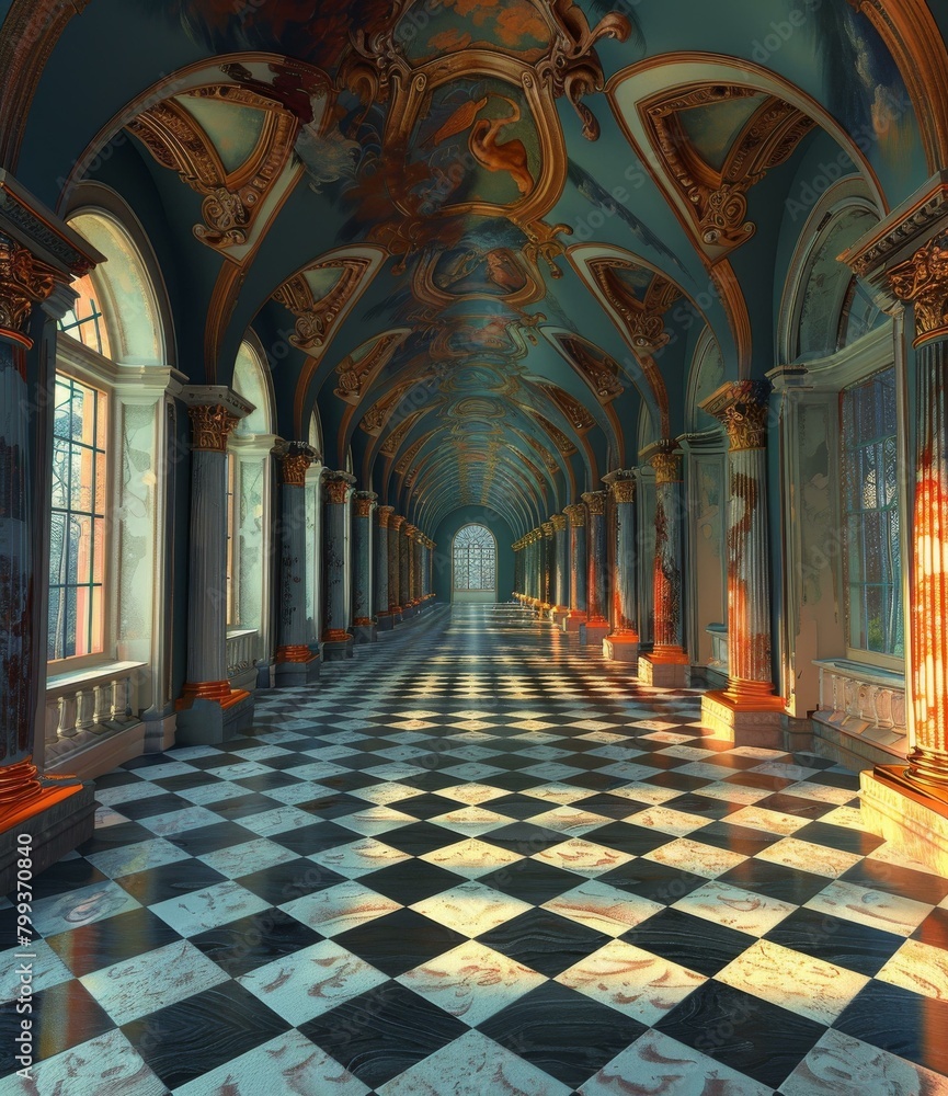 ornate hallway with blue and gold accents ornate hallway with blue and gold accents