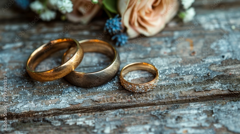 Two wedding rings atop a wooden table, nearby is a bouquet of flowers on another wooden table Two wedding rings atop a wooden table, nearby is a bouquet of flowers on another wooden table