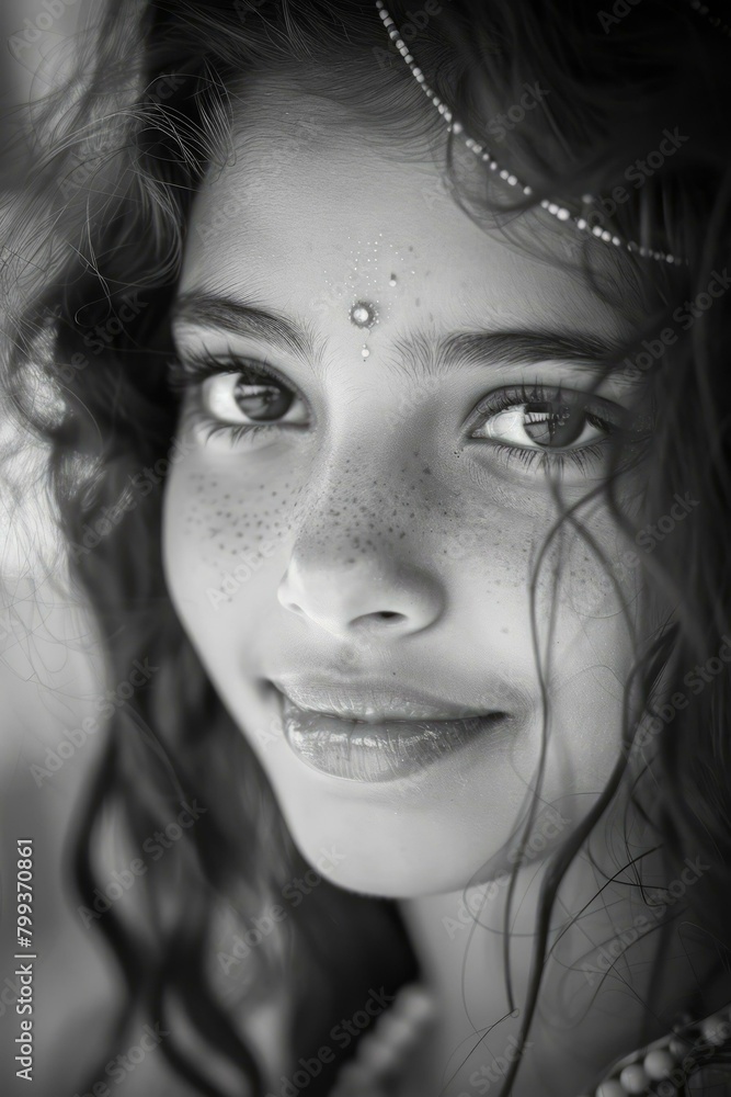 portrait of a young woman with freckles and a bindi