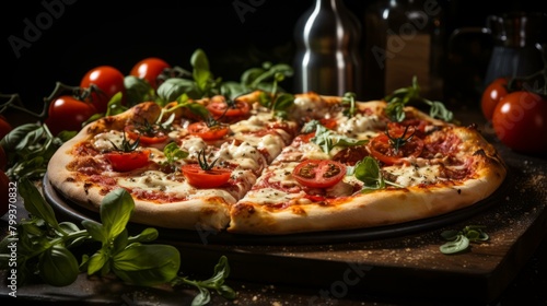 A delicious pizza with fresh tomatoes and basil