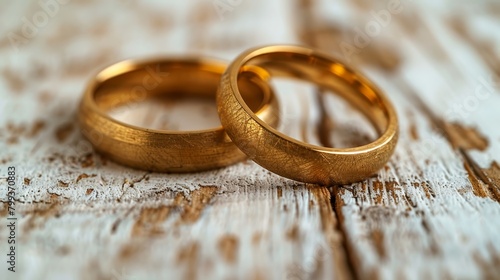  Two gold wedding rings sit side by side on a wooden table