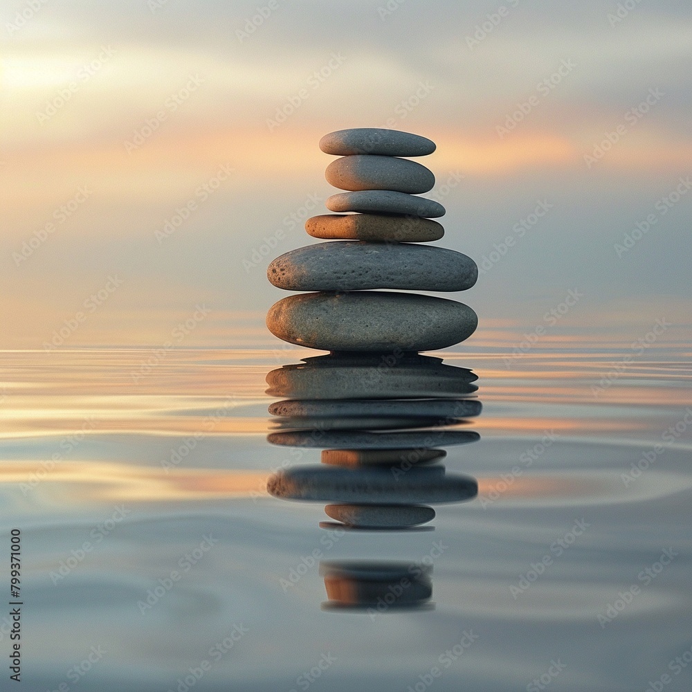 Business stability abstract wallpaper, balancing rocks in a serene water background, stability and calm theme