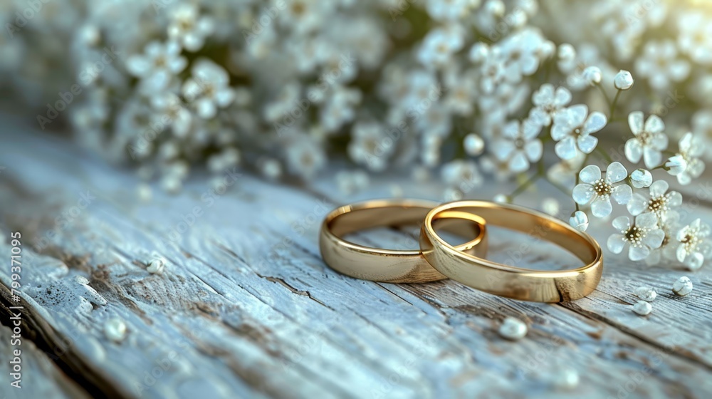 Two gold wedding rings atop a wooden table Nearby, a bouquet of white flowers rests Two gold wedding rings atop a wooden table Nearby, a bouquet of white flowers rests