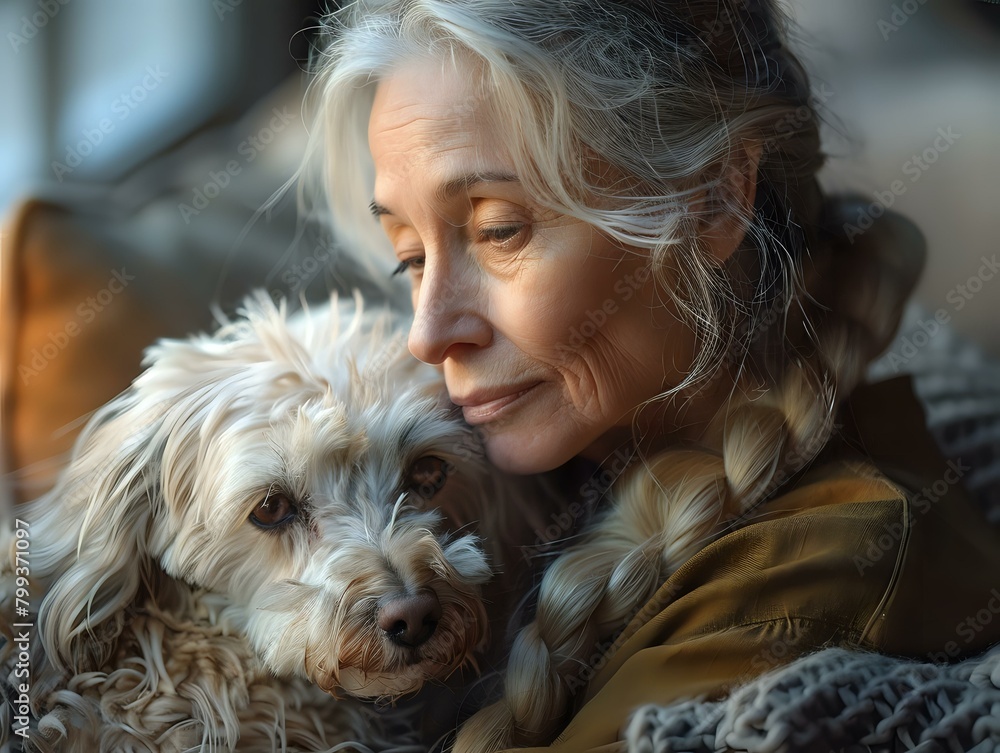 Tranquil atmosphere captured in image of woman and small white dog indoors Tranquil atmosphere captured in image of woman and small white dog indoors