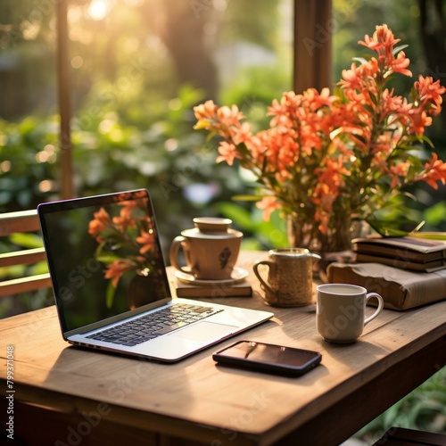 A writer's desk with a laptop, books, flowers and a cup of coffee