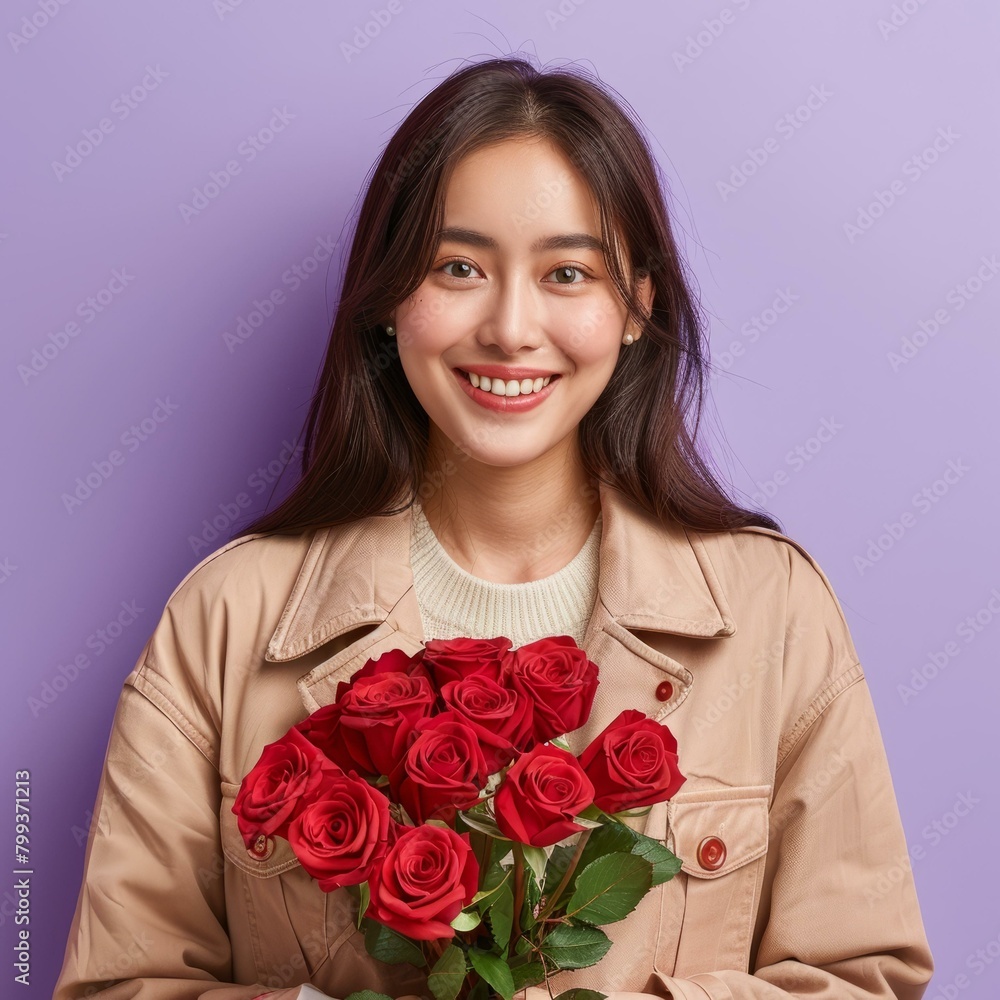 Charming Asian woman with a radiant smile holding a bouquet of red roses Charming Asian woman with a radiant smile holding a bouquet of red roses
