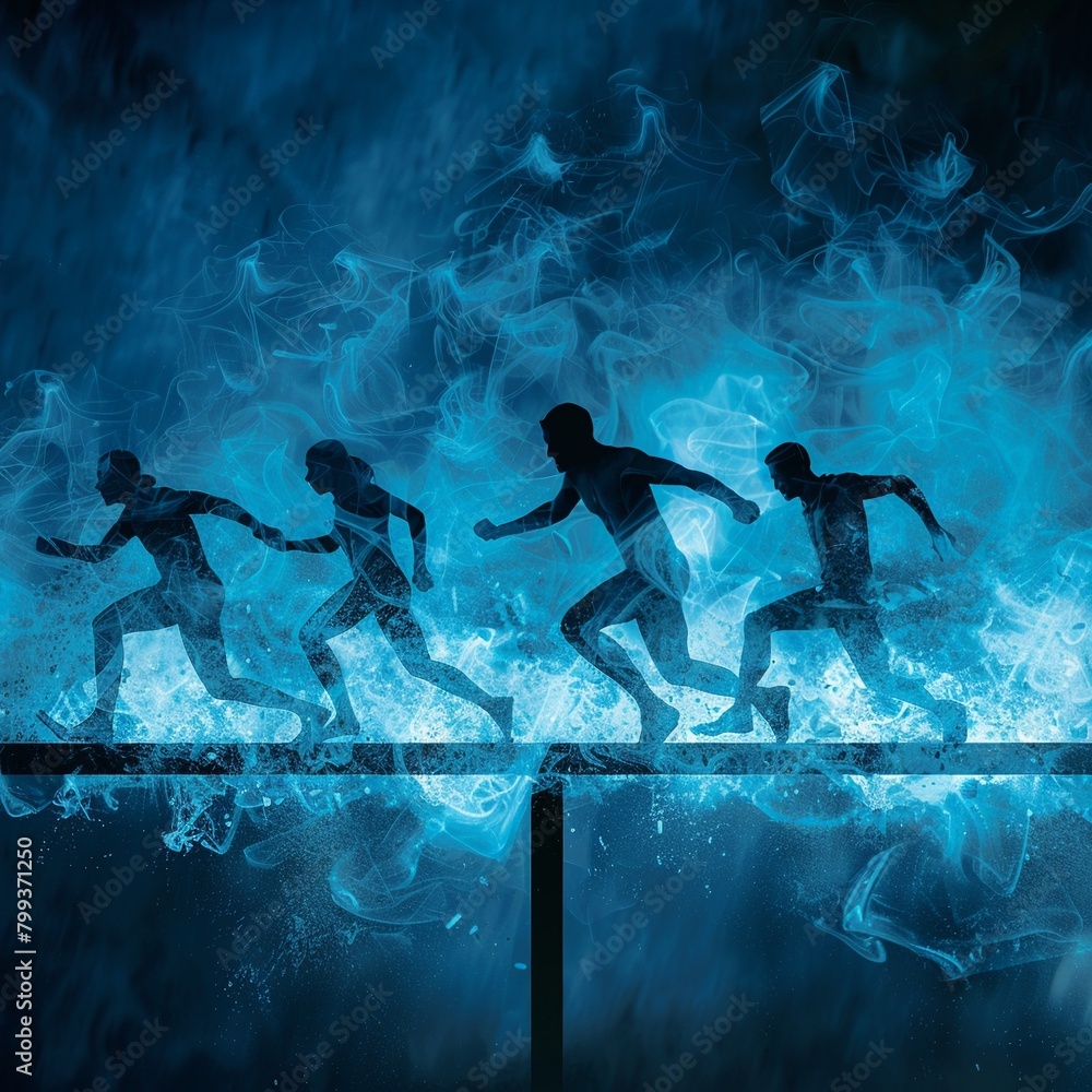 Wallpaper for business agility, abstract leaping figures over hurdles, dynamic motion effect