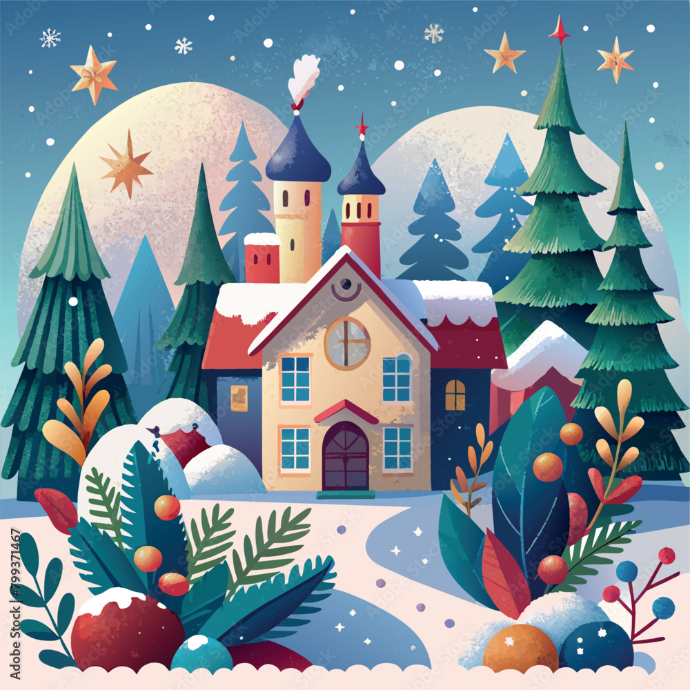 A winter scene with a village of houses and a church. The houses are decorated with Christmas lights and wreaths. The church is adorned with a large wreath. The scene is peaceful and serene