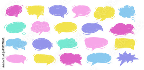 Empty colorful hand drawn grunge crayon, charcoal, chalk speech bubbles set in doodle style. Hand drawn crayon cloud message. Vector balloon speak sign dialog communication frame