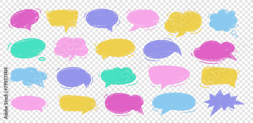 Empty colorful hand drawn grunge crayon, charcoal, chalk speech bubbles set in doodle style. Hand drawn crayon cloud message. Vector balloon speak sign dialog communication frame