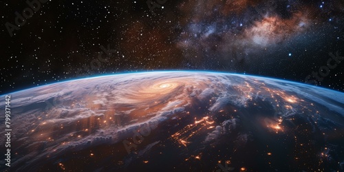 A beautiful view of the Earth from space showing a hurricane